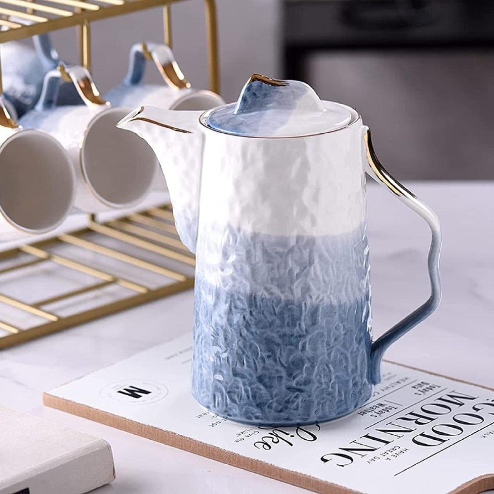 Zestaw filiżanek do espresso, kubki do kawy, porcelanowe zestawy do herbaty z metalowym stojakiem dla dorosłych nowoczesny z uchwytem na kubek i łyżeczką do wody