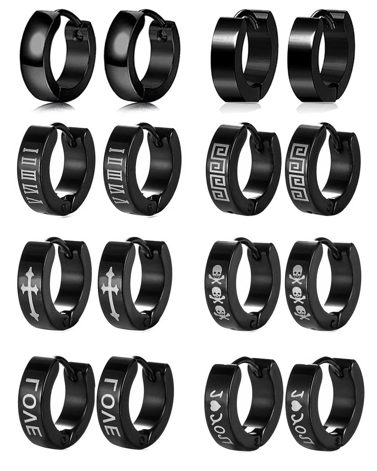 VELESAY 8Pares Pendientes de Aro Negros de Acero Inoxidable para Hombres y Mujeres Pendientes de Aro Hipoalergeniños Goticos Pendientes Punk Redondos Pendientes Hombre Negro Aros Pendiente