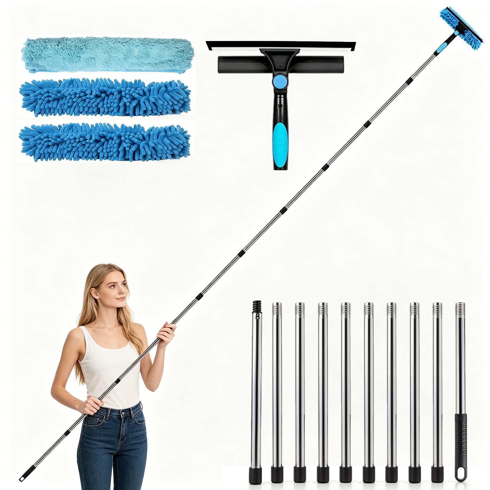 153in/390cm 2-in-1 Telescopic Window Cleaning Equipment Cleaner Tool with Long Handle with Silicone Squeegee & Microfiber Scrubber, Professional Window Cleaning Kit for Windows Shower Glass Door Car