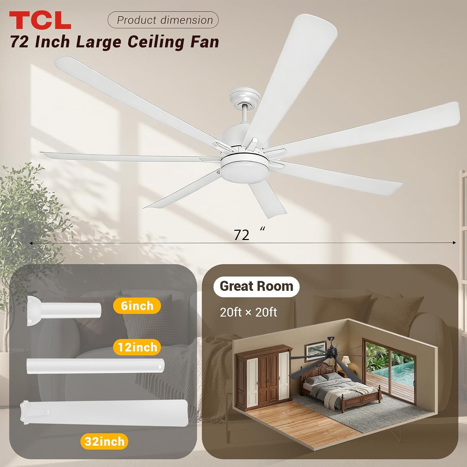 TCL 72 Inch Large Ceiling Fan with Lights and Remote, Waterproof Indoor/Outdoor, Black Modern, 6 Speed Reversible, Quiet DC Motor, 3 CCT, For Living Room, Patio, Garage and bedroom.