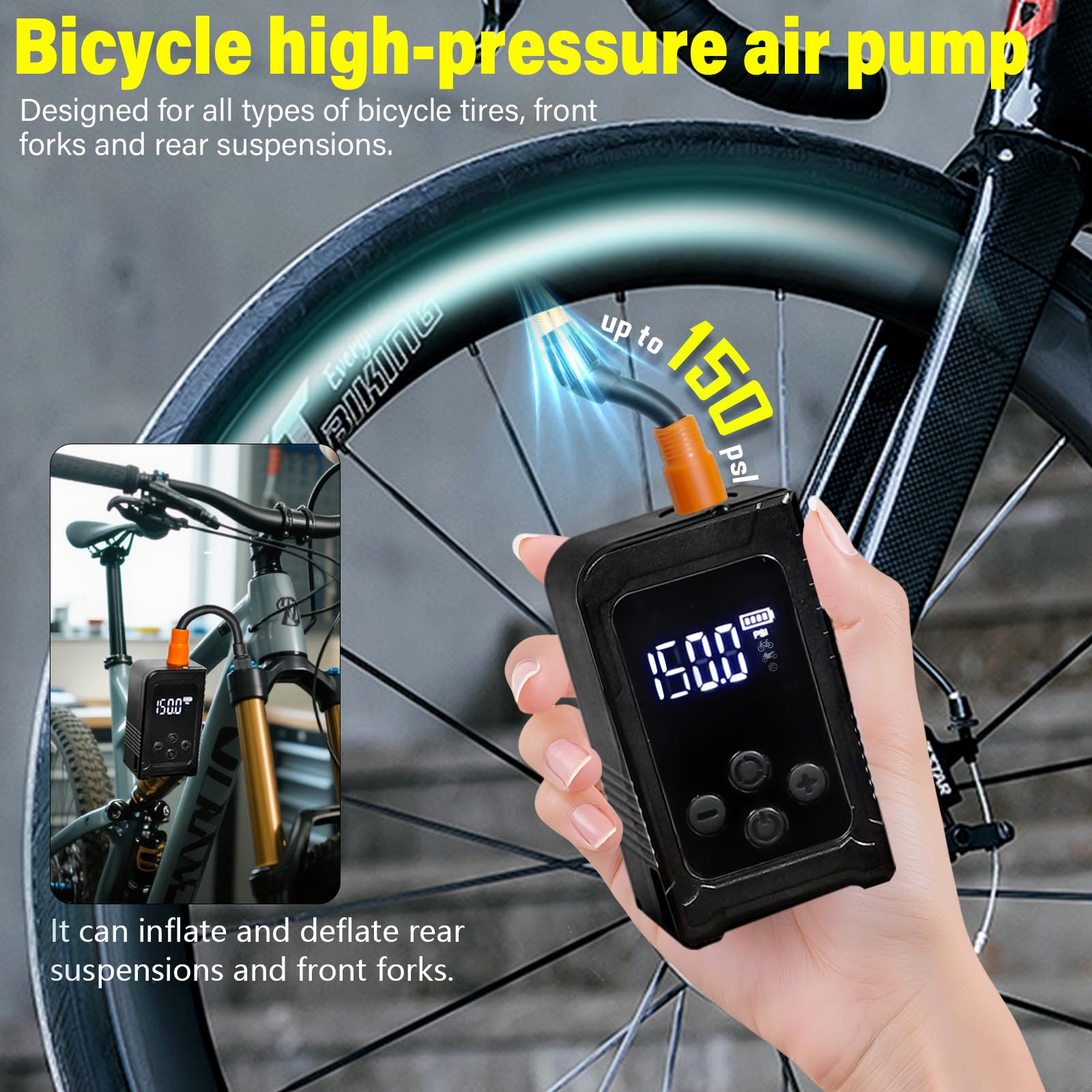 kakoya Mini bomba de neumático de bicicleta con manómetro de 150 PSI, bomba de aire recargable portátil, bomba de aire eléctrica con válvula Presta y Schrader para carretera, bicicleta de montaña