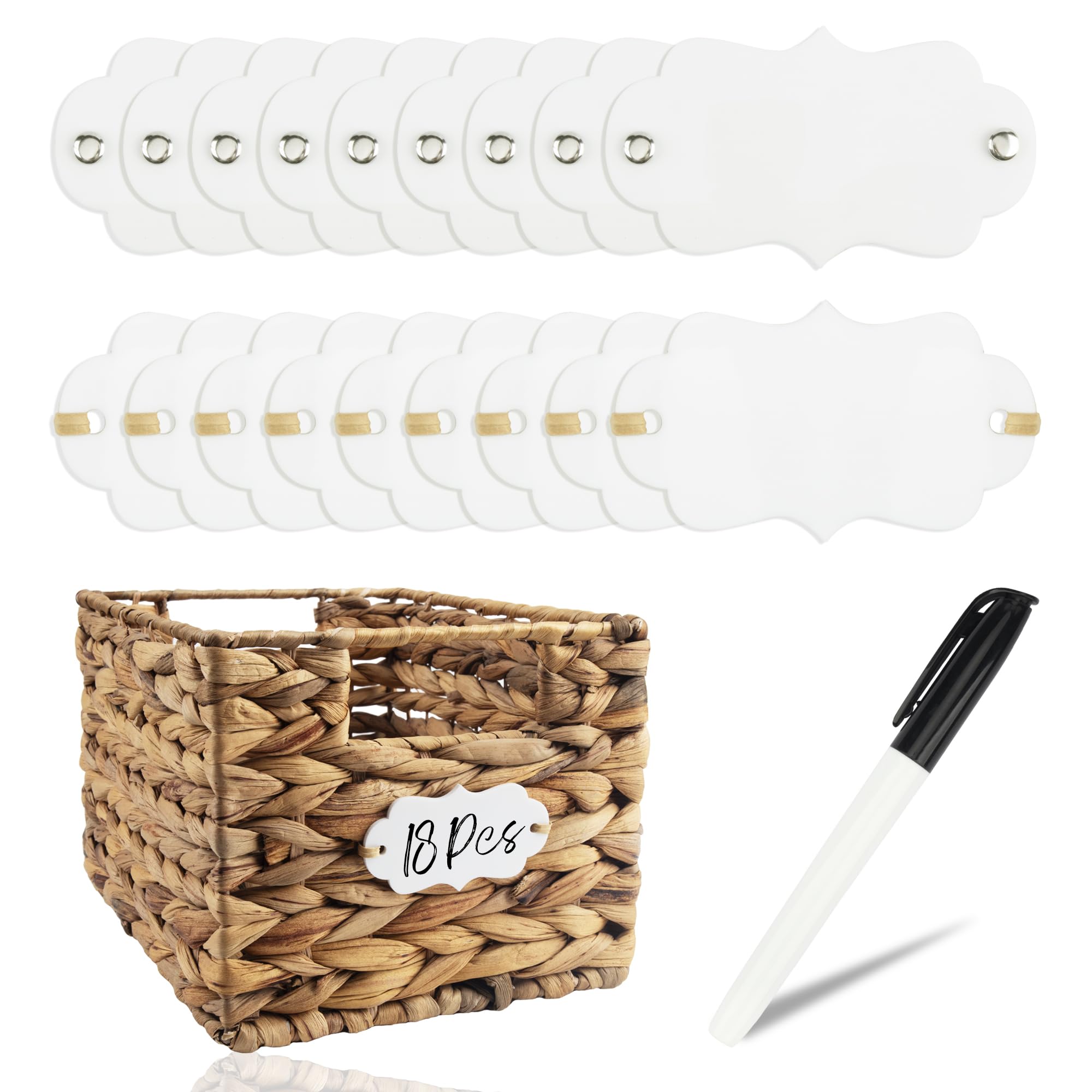 Temlum 18 Pcs Acrylic Basket Labels, Storage Tags with Chalk Marker Removable Label for Wire, Wicker, Woven Baskets & Pantry Storage (Wavy Shape 02,