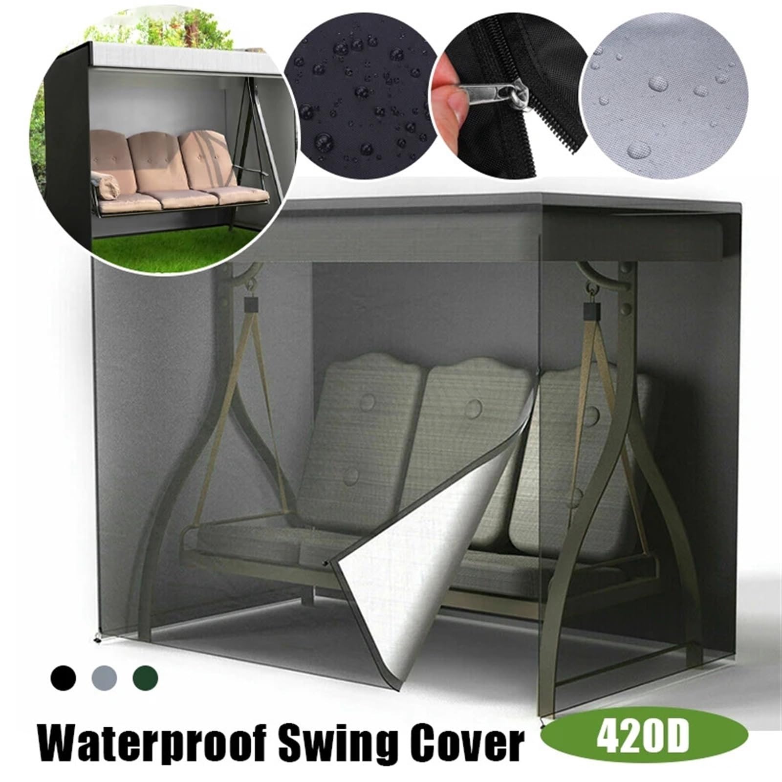 Funda impermeable para columpio de patio de 3 plazas, protector de hamaca de jardín de tela Oxford 420D, accesorios al aire libre, gris, 190 x 71 x 117 cm