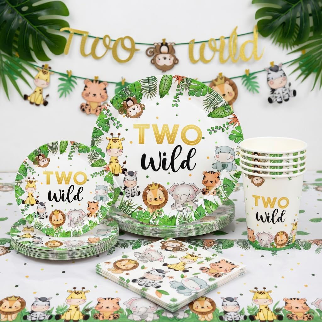 Two Wild Birthday Party Decorations & Tableware Set – Jungle Safari Theme, Cups, Napkins, Plates, and Tablecover for 2nd Birthday Party