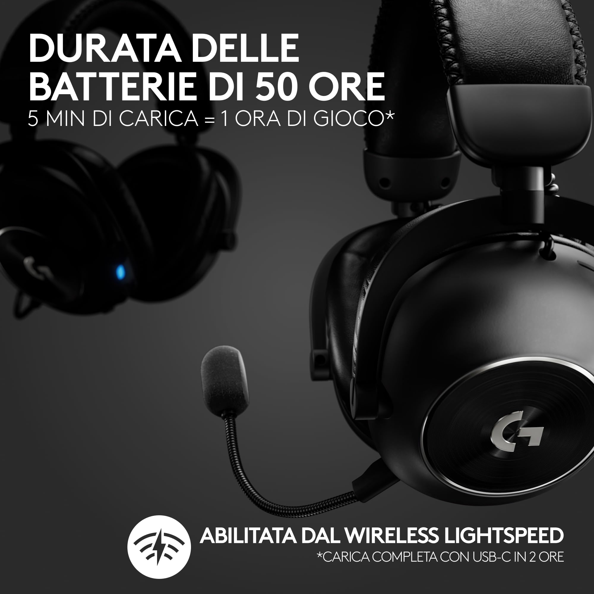 Logitech G PRO X 2 LIGHTSPEED Cuffie gaming wireless,Microfono a braccio rimovibile, Driver Grafene 50mm,DTS: Headphone X 2.0 —Surround 7.1,Bluetooth/USB/3,5mm Aux, PC,PS5, PS4, Nintendo Switch - Nero