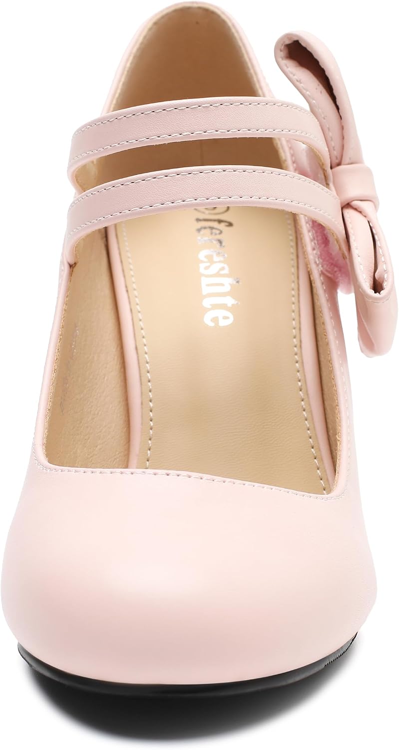 fereshte Women's Mary Jane Pumps with Bow, Double Strap, 3.54 Inch Chunky Block Heel Dress Shoes