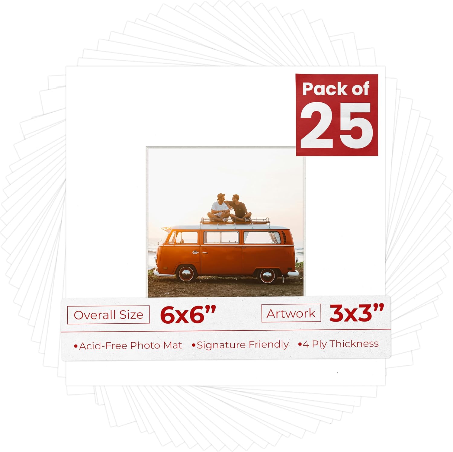 Poster Palooza 6x6 Mat Bevel Cut for 3x3 Photos - Precut White Square Shaped Photo Mat Board Opening - Acid Free Matte to Protect Your Pictures - Bevel Cut for Family Photos, Pack of 25 Matboards