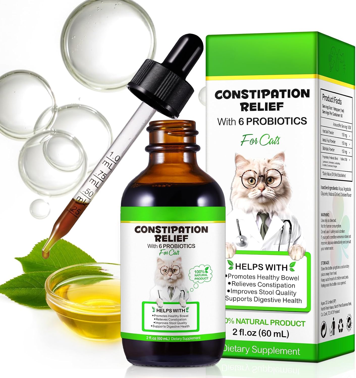 Cat Constipation Relief, Cat Laxative Constipation Relief Liquid Drops, Natural Laxative with 6 Probiotics Stool Softener, Cat Herbal Supplements, Promotes Digestive Health, Chicken Flavour, 60ml
