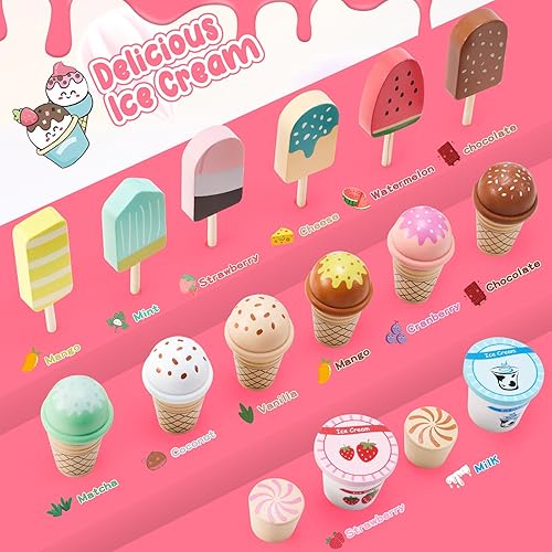 Miniatura 9 de Juguetes de helado de madera para niños, juguete de simulación para niños pequeños, accesorios de cocina con cucharada, menú y dinero falso, juego