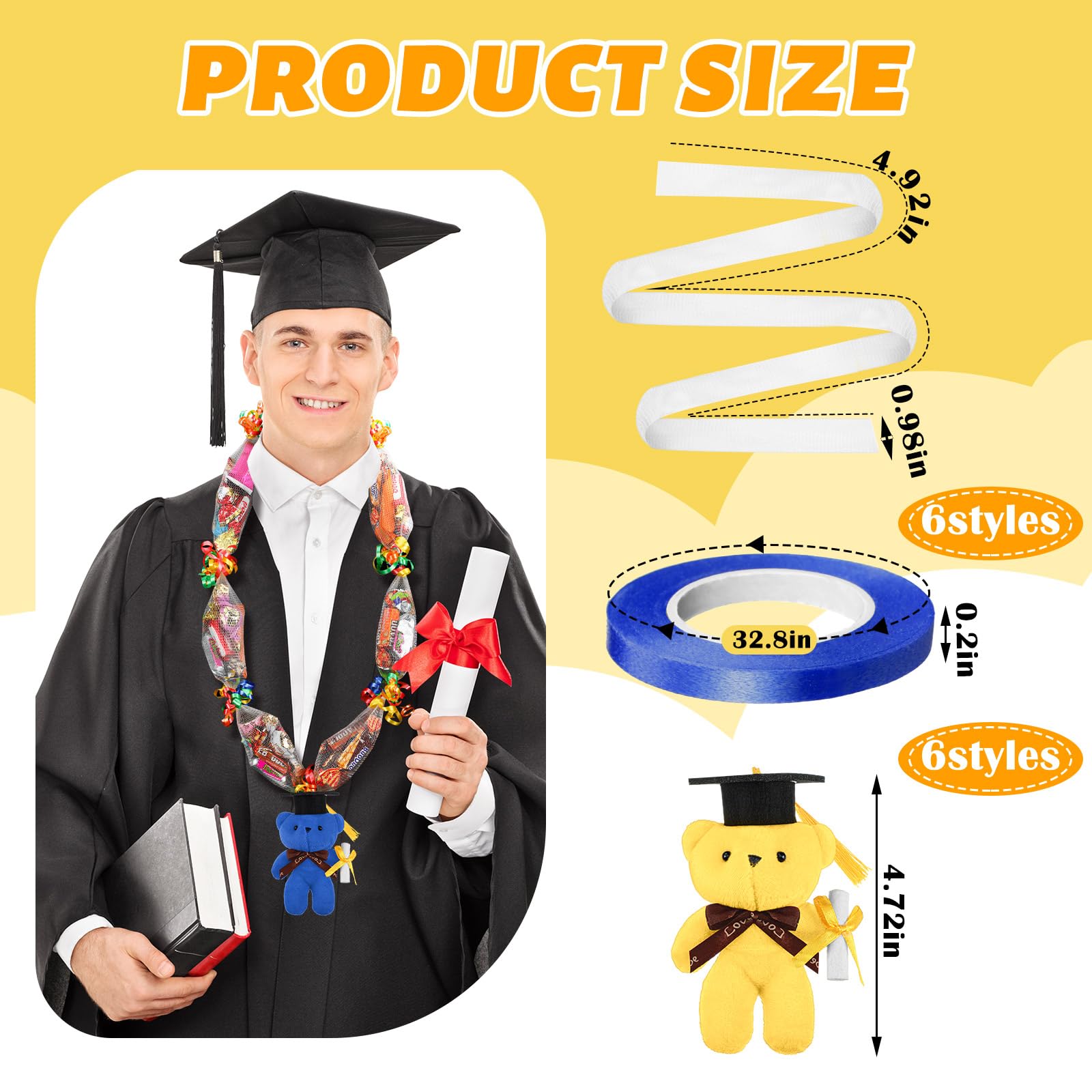 Graduation Stuffed Animal Candy Lei Making Kit - 6 Bears With Mesh Bags & Ribbons