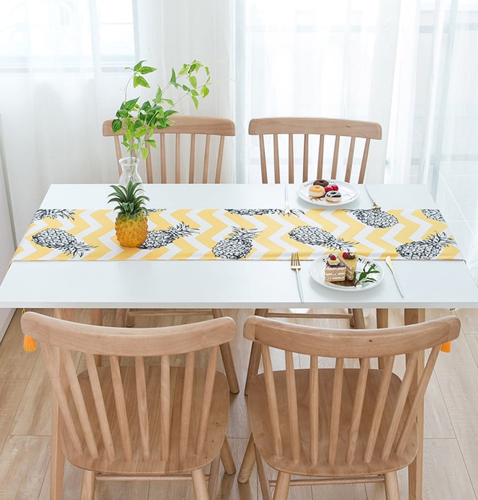Caminos de Mesa Estampados, Tapetes para Mesa Decoración Piña Ocean Waves Amarillo Blanco Gris Poliéster 33x180CM