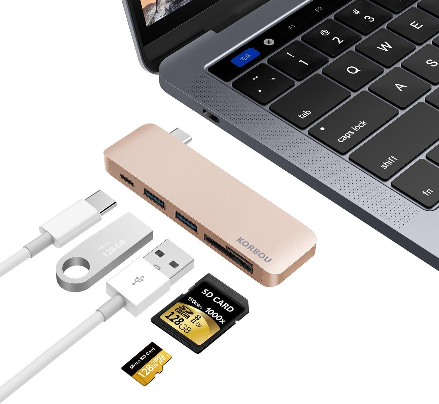 Type-C USB 3.0 5 in 1 Combo Hub for MacBook Chromebook All USB-C Devices, Aluminum Multi-Port Adapter with USB-C Charging Port, Type-C Pass Through, 2 USB 3.0 Ports, SD/Micro Card Reader (Gold)