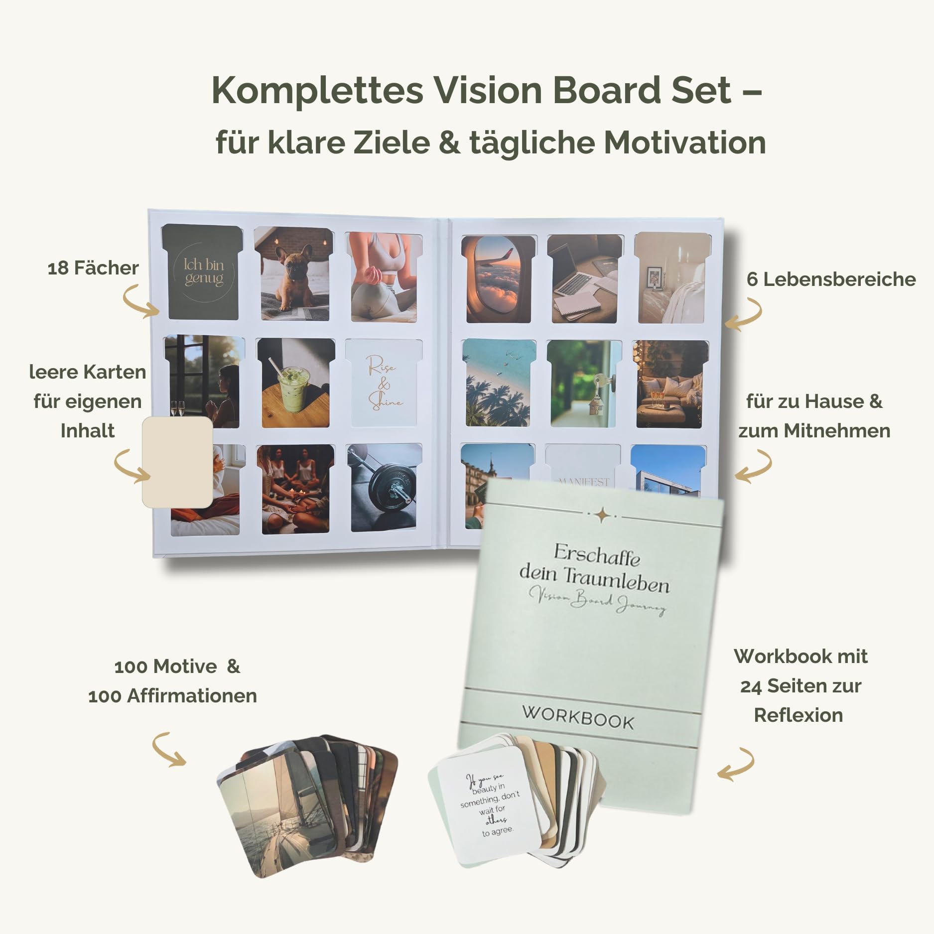 Vision Board Set – 200 Bildkarten & Affirmationen zum Manifestieren – inkl. 24 Seiten Workbook für Ziele, Klarheit & Motivation – Geschenkidee für Frauen