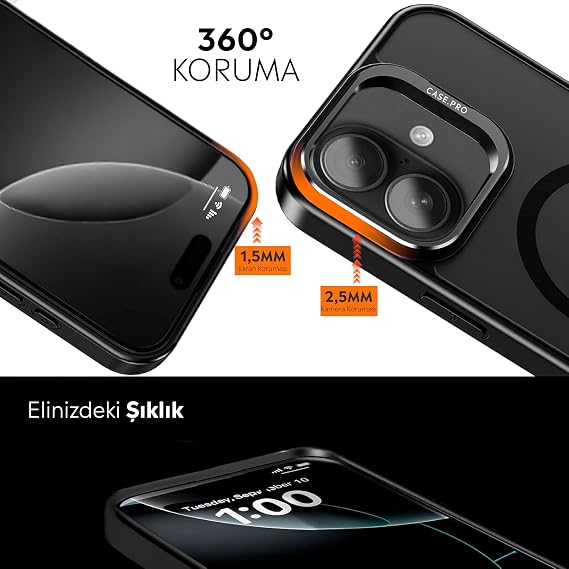 Babilden iPhone için Kılıf Kamera Korumalı Magsafe Wireless Şarj Özellikli Mat Şeffaf Renkli Standlı Lens Hediyeli Siyah iPhone 17