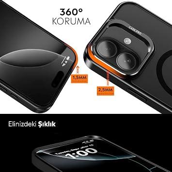 Babilden iPhone için Kılıf Kamera Korumalı Magsafe Wireless Şarj Özellikli Mat Şeffaf Renkli Standlı Lens Hediyeli Siyah iPhone 17