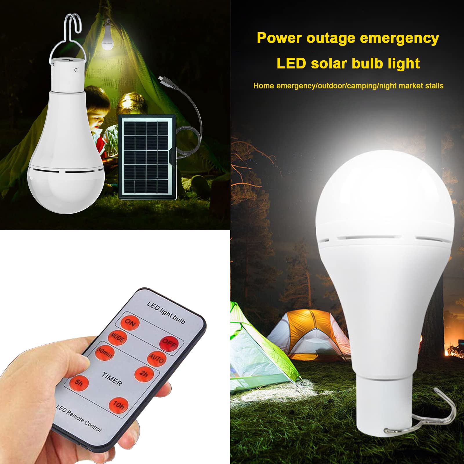 Lampadina a LED a energia solare, da 9 W, con telecomando e 3 modalità, 350 lumen, con carica USB, per giardino, patio, escursionismo, campeggio, pesca, illuminazione