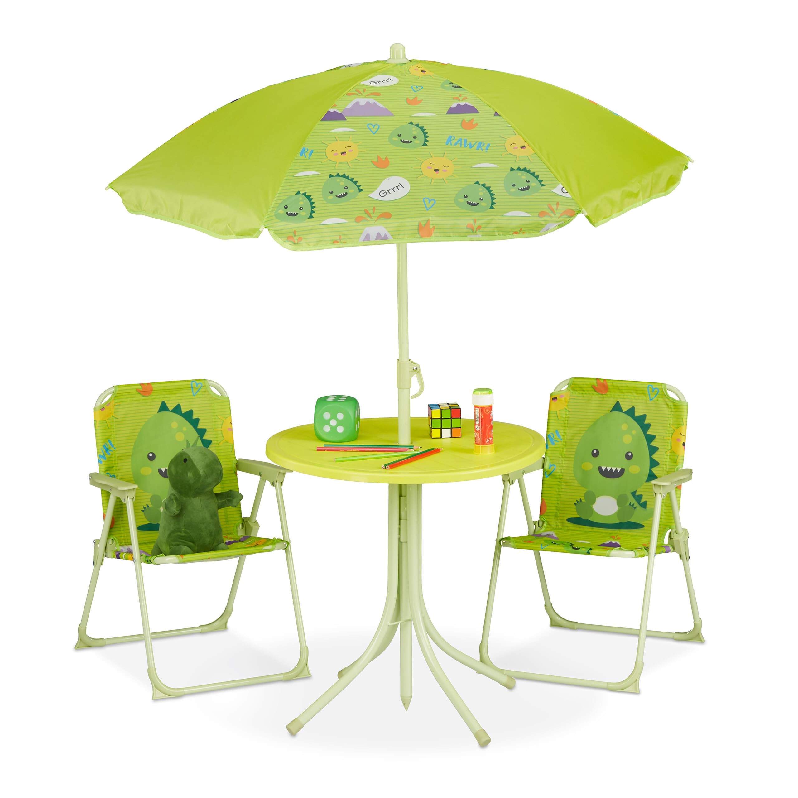 Relaxdays, Salon de Jardin, Enfant, Table, chaises, Parasol, pour Un Petit Fan de Monstres, pour Plage ou Camping, Vert