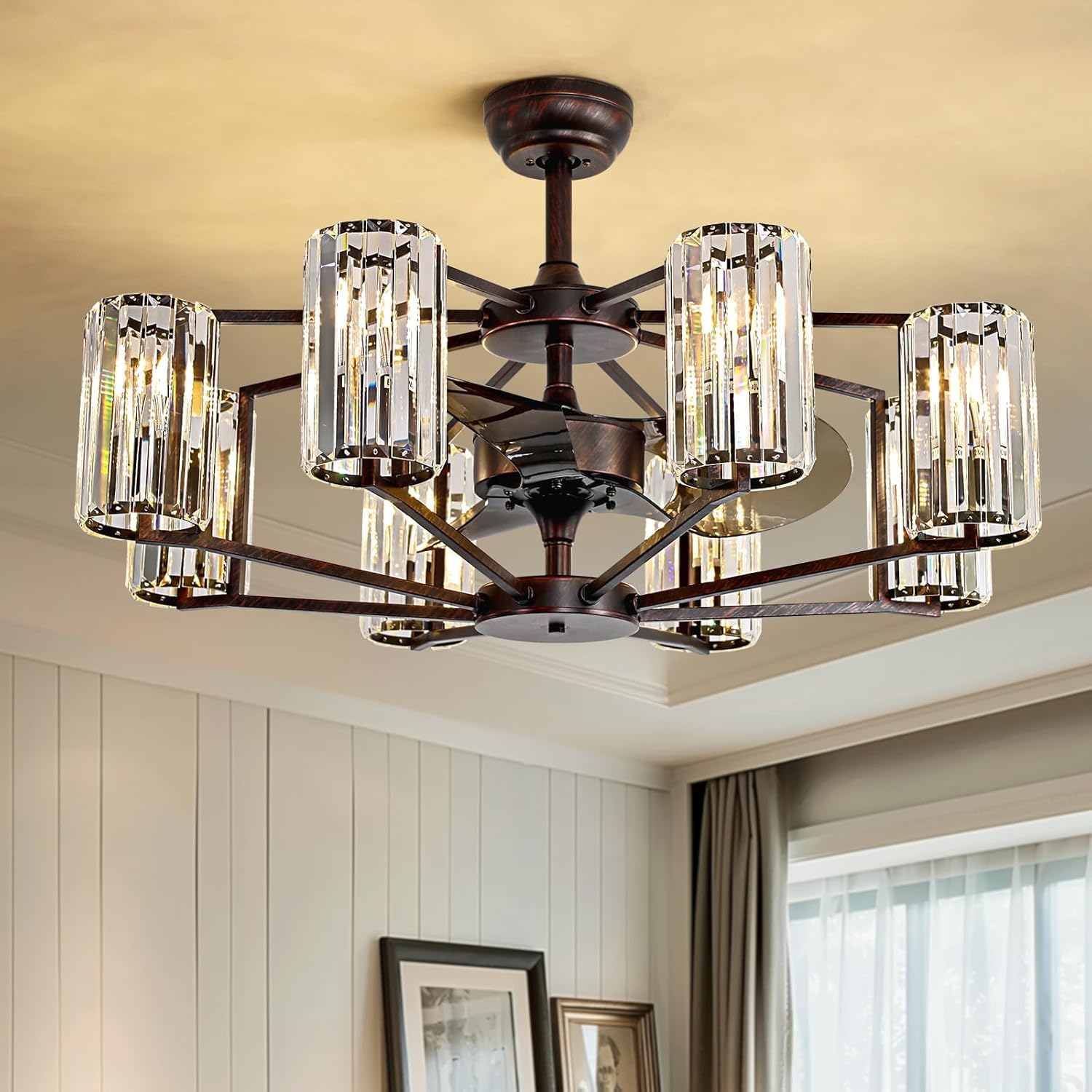34" Crystal Chandelier Ceiling Fan 8 Lights Vintage Flush Mounted Fandelier Bronze Invisible Blades Ceiling Fan for Bedroom Dining Room Living Room Kitchen Farmhouse Entry