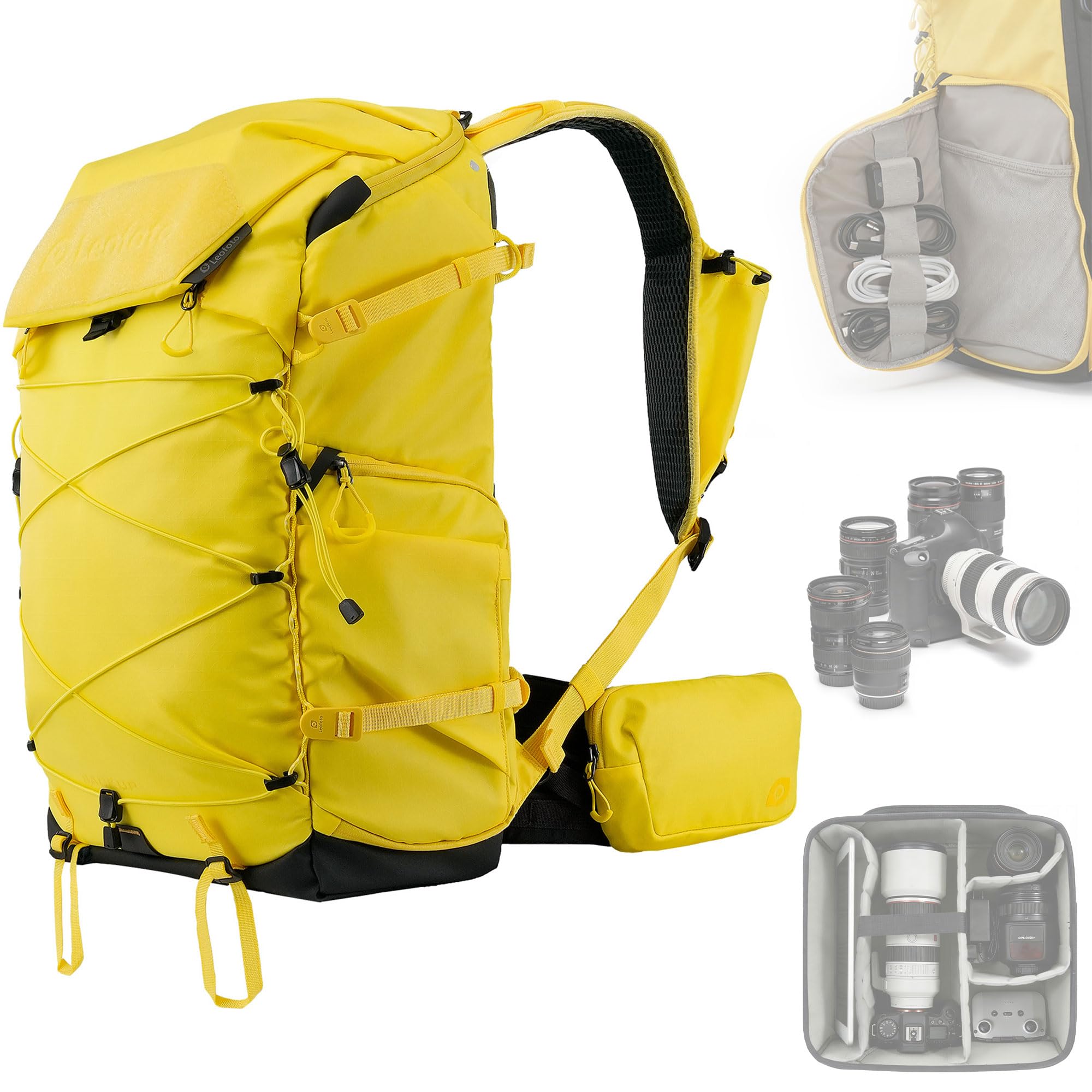 LEOFOTO 35L Camera Backpack for Photographer, Lightweight Waterproof Travel Camera Bag for Camera/Drone/15.6" Laptop, Photopraphy Bag with Side Access & Rain Cover, Tripod Compatible, 2.65KG - YELLOW