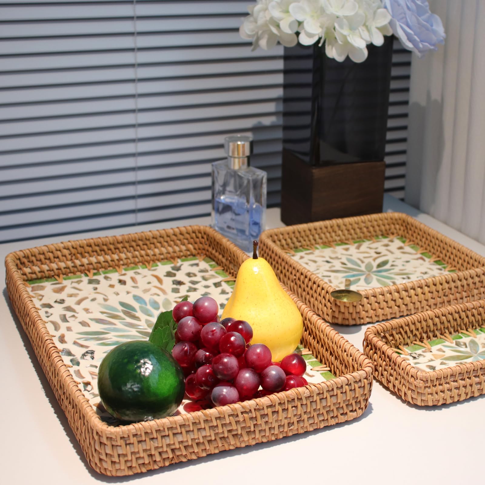 Bandeja rectangular de ratán con incrustaciones de nácar, cesta de mimbre hecha a mano para mesa de café de frutas, pan, comida, té, fiesta, picnic, cocina, hogar, decoración bohemia, 3 tamaños (verde