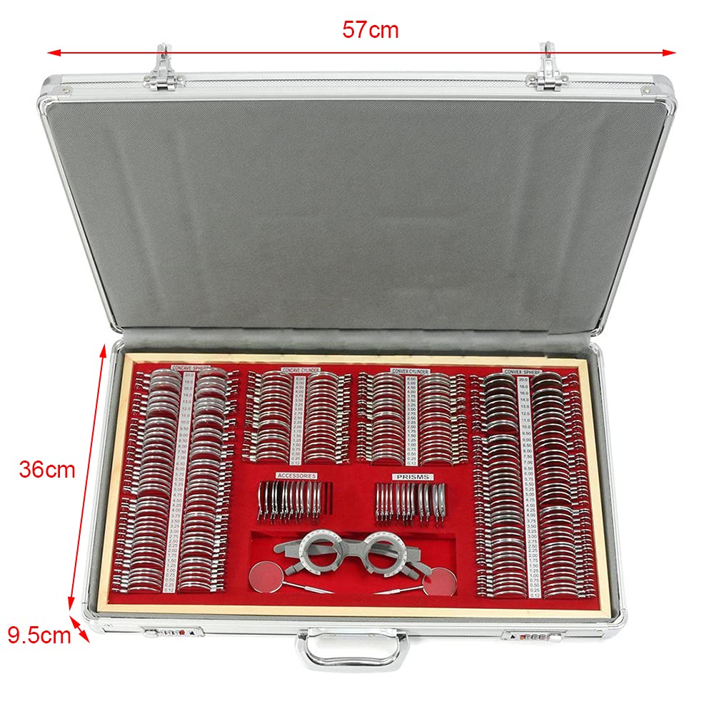 ERAAND Optical Trial Lens Set Optometry Kit,Professional Optometry Lens Case Trial w/266 Lenses & Trial Frames for Opticians,Eye Hospitals, Silver, Red