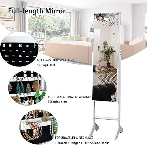 Miniatura 3 de HOUAGI Espejo con almacenamiento de joyas, armario de joyería con cerradura para organizar con espejo, armario de joyería con espejo de longitud