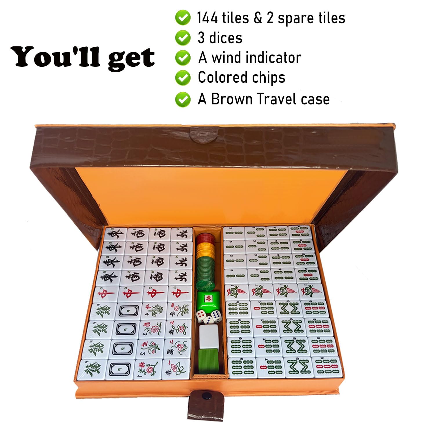 Ensemble de Mahjong Chinois avec étui de Transport, 3,8 cm de Large 144 + 2 Carreaux avec Chiffres Arabes, 2 dés et Un indicateur de Vent