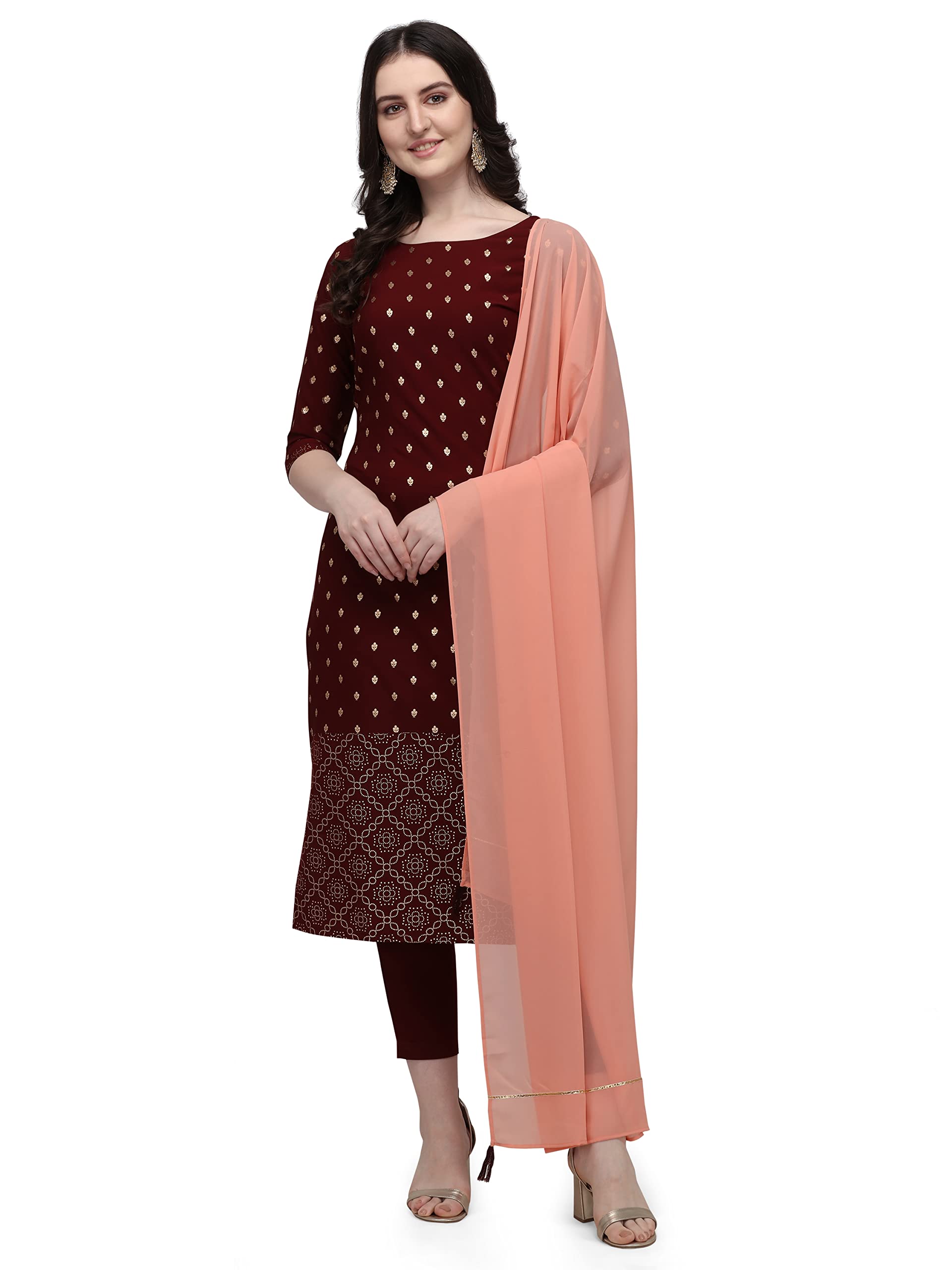 FIORRAWomen's Black Poly Crepe Straight Kurta with Pant and Dupatta