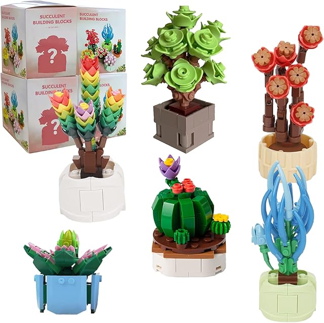 Succulents Figurine Blind Box Building Kit, Creative DIY Random Botanical Collection Building Toy, Set for Adults and Kids, Compatible with Lego (4 Plants)