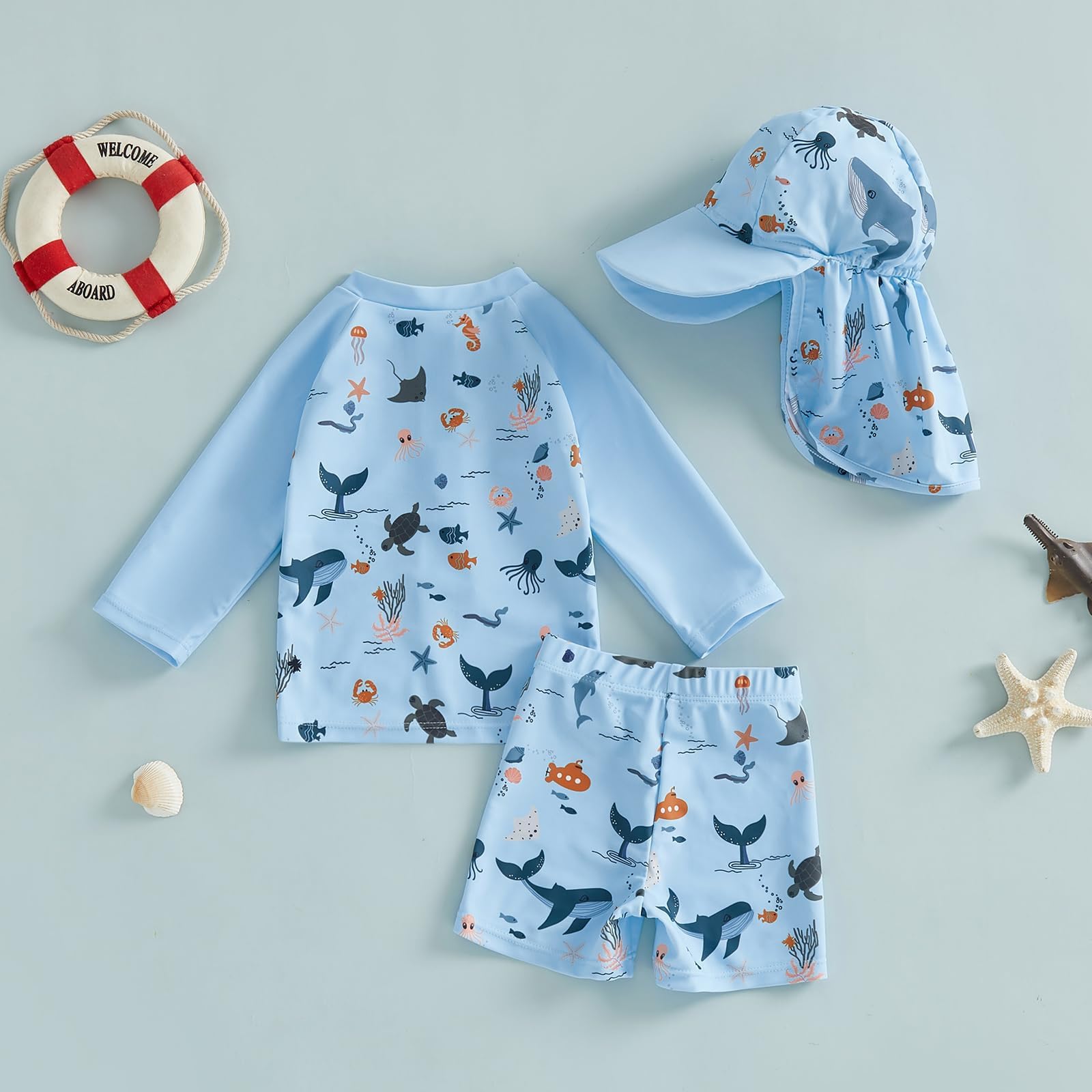 UV Schutzkleidung Kinder Bademode - Badeanzugg für Jungen - langärmelig - Rashguard - Badehose mit Mütze - 3-teiliges Set für Kleinkinder
