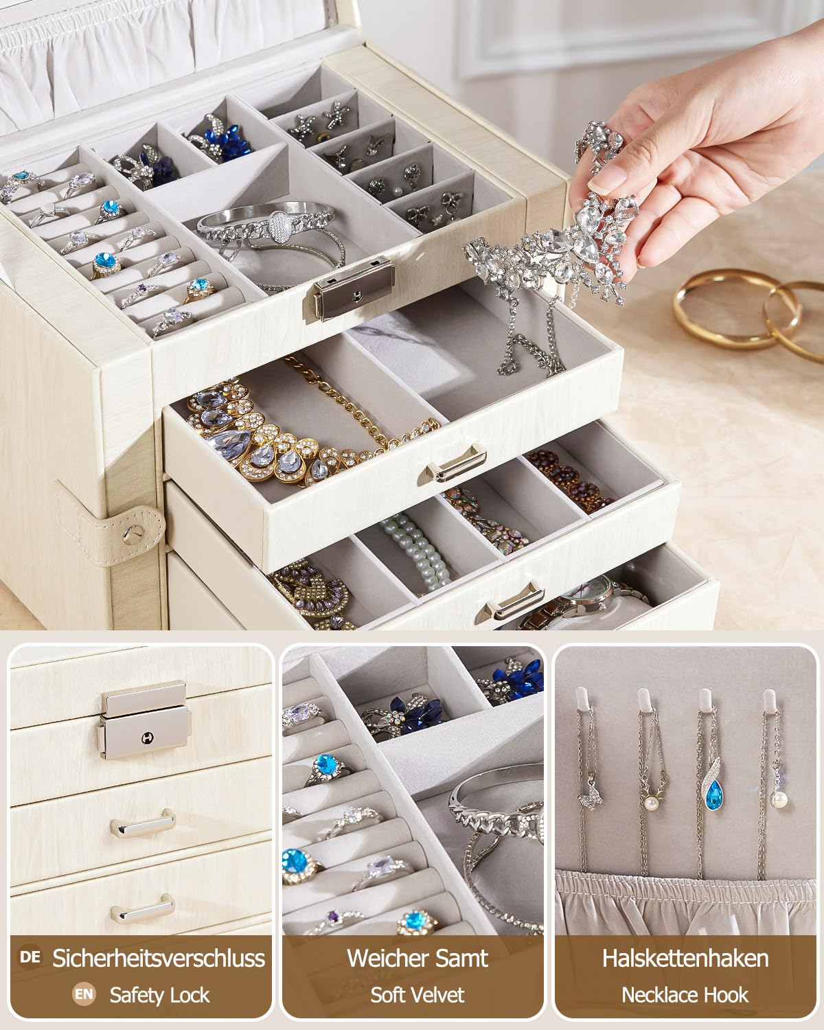 Yorbay Caja de joyas grande con espejo para mujer: 6 niveles y 5 cajones | Organiza Collares Anillos Relojes y Pendientes-Tocador y Viajes-Minijoyero Extraíble y 2 Compartimentos Laterales