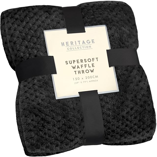 Waffle Super Soft Luxury Warm and Cosy Throw, fleece Blanket For Your Sofa, Bed, Armchair, Garden, Home Black, Silver, or Charcoal (Black), 150x200 BLK/ 200x250 CHAR/ 200 x 220 SIL