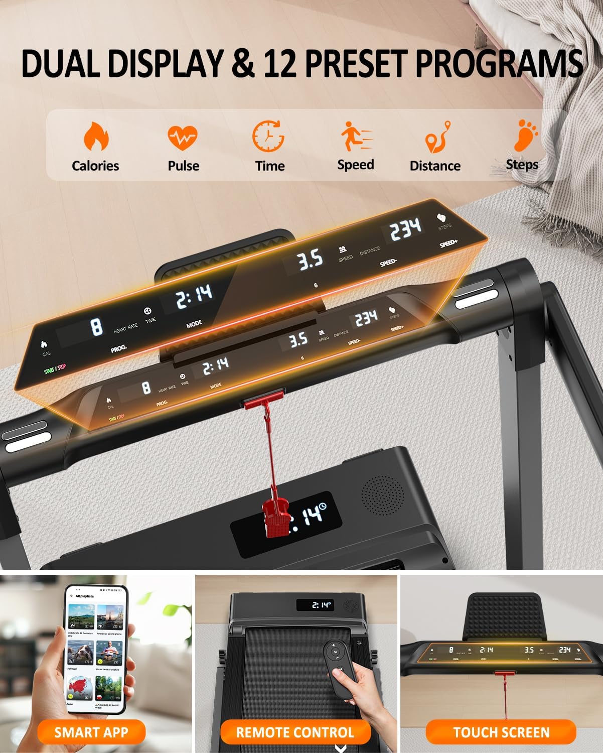 Dual LED display of the FYSIQ FT50 Treadmill showing various metrics like time, speed, and program number, along with remote control and touch screen options.