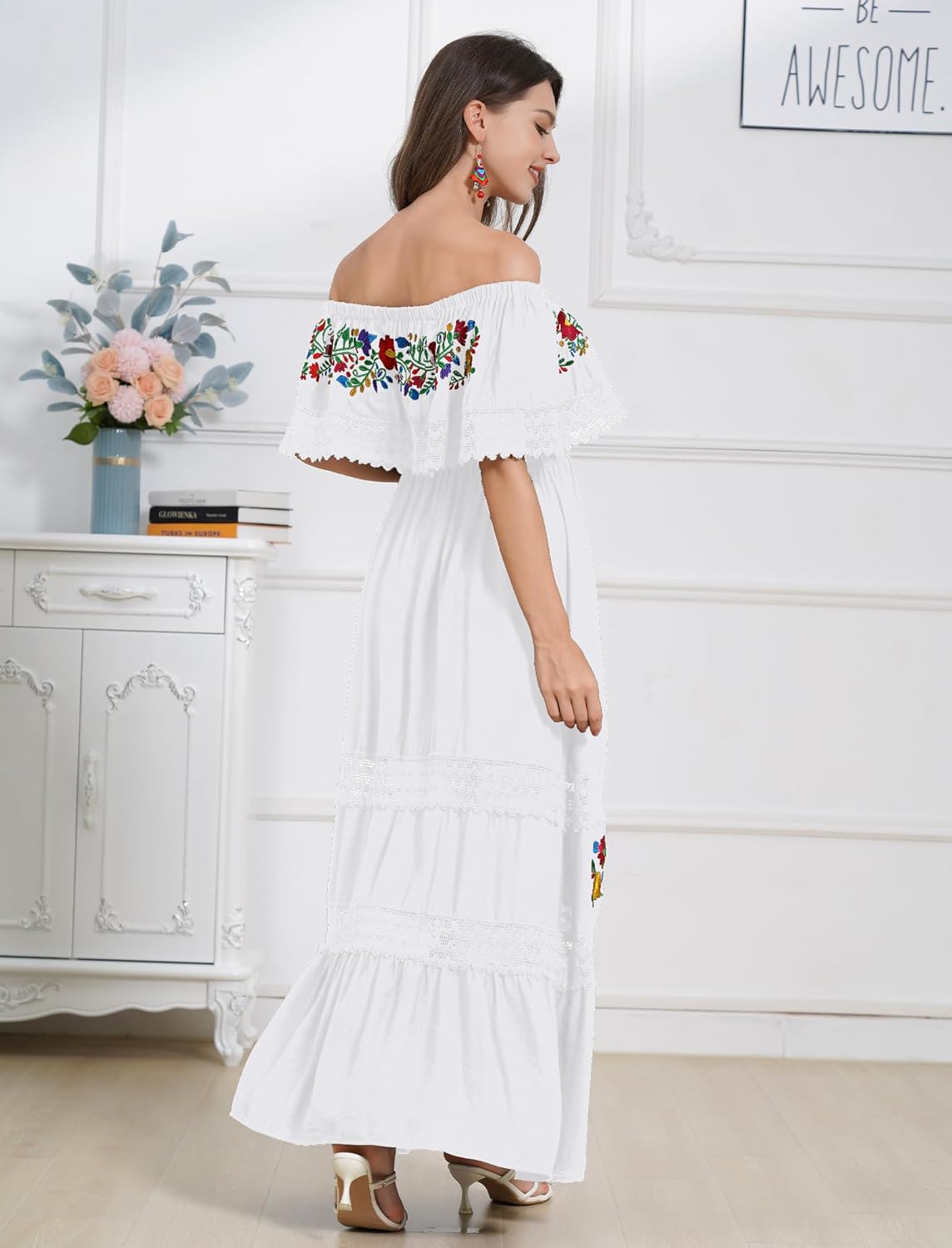 Mexican Dress for Women Floral Embroidered Off Shoulder Long Maxi Dress Summer Casual - Image 7