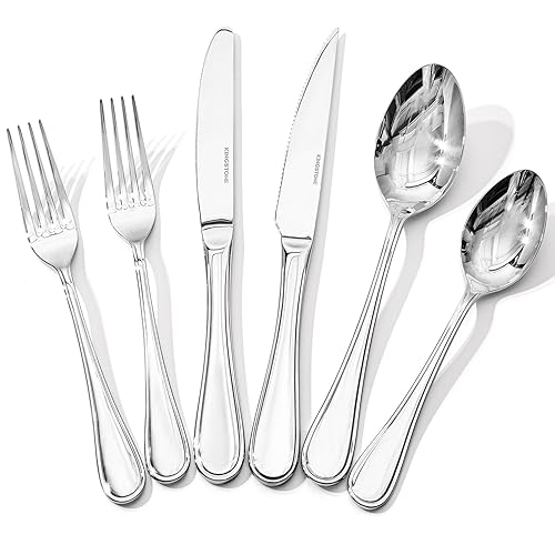 KINGSTONE 24 Piece Teardrop Silverware Set with Steak Knives, 18/10 Stainless Steel Flatware Set for 4, Modern Design Cutlery Set for Home/Hotel/Wedding,Mirror Polished and Dishwasher Safe