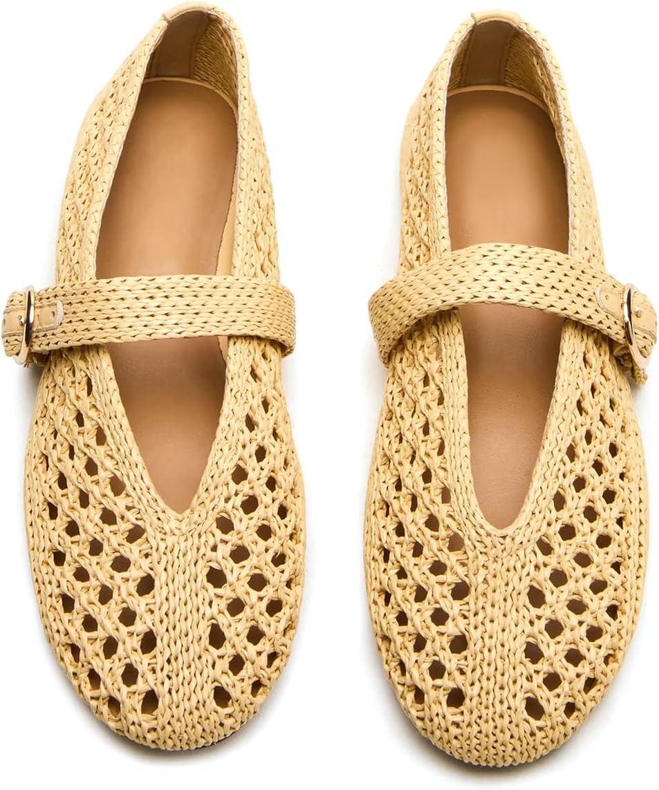 Woven Ballet Flats Women Mesh Raffia Flats Round Toe Mary Janes Comfortable Ballerina Flat Shoes - Image 6