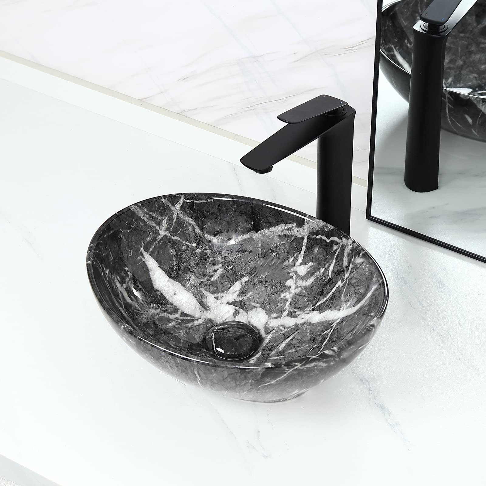 Fregadero ovalado de mármol nórdico de 16 x 13.2 pulgadas con drenaje desplegable, lavabos de baño, fregadero de cerámica, fregaderos de baño sobre encimera, cuencos ovalados para baño 3