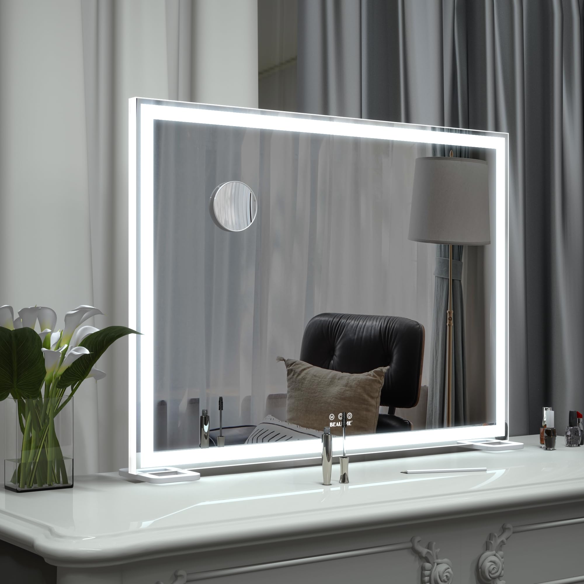 BEAUTME Miroir de courtoisie avec lumières pour table et dressing, miroir de maquillage éclairé Hollywood pour chambre à coucher (920 x 150 x 680 mm) | Miroir grossissant 10x, réglage de la luminosité en continu, 3 options de montage flexibles pour coiffe