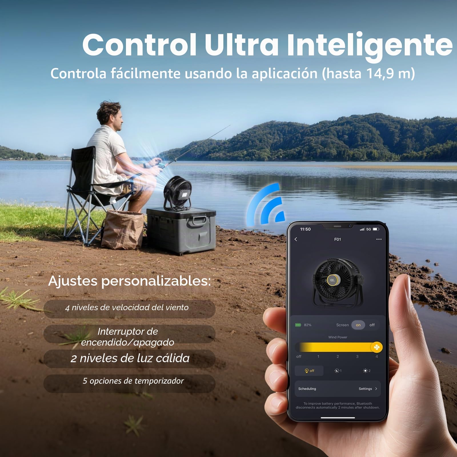 BougeRV F01 Ventilador Portátil Recargable Batería 20000mAh, Soporte de Metal, USB Silencioso y Potente con Luz LED y App para Mesa, Coche, Camper, Furgoneta o Terraza Exterior