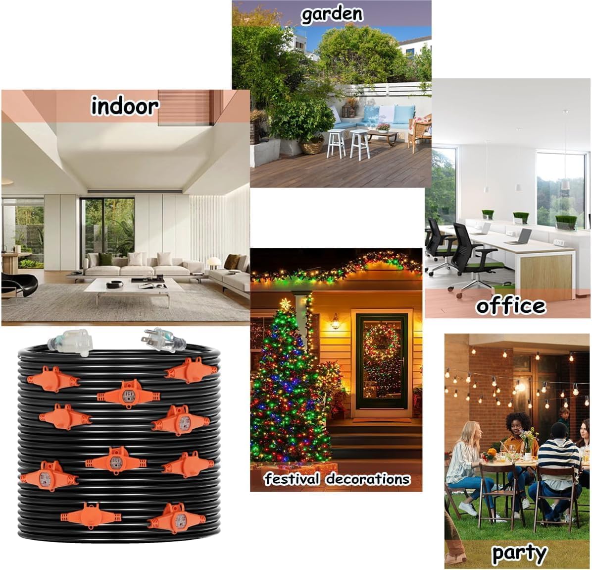 50FT Outdoor Extension Cord with Multiple Outlets, Evenly Spaced 9 Outlets Plugs with Safety Cover, 12/3 SJTW Weatherproof Multiple Outlets Wire for Landscape/Christmas Tree Lights, ETL Listed, Black