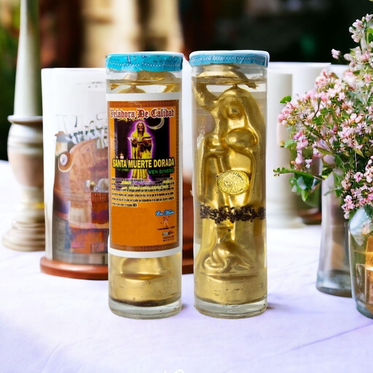 Gel Candle | Santa Muerte Come Money | Ritualized | Prepared | Personalized | Attracts Abundance and Prosperity |