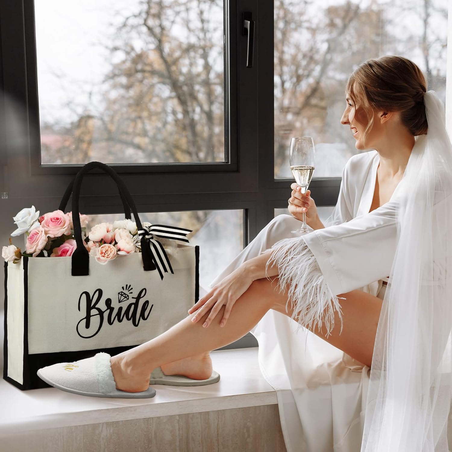 Riyiper 16 Pcs Bridesmaid Gift Tote Bags and Wedding Slippers Will You Be My Bridesmaid Proposal Reusable Makeup Canvas Grocery Bags for Bridal Shower Bachelorette Party Favors