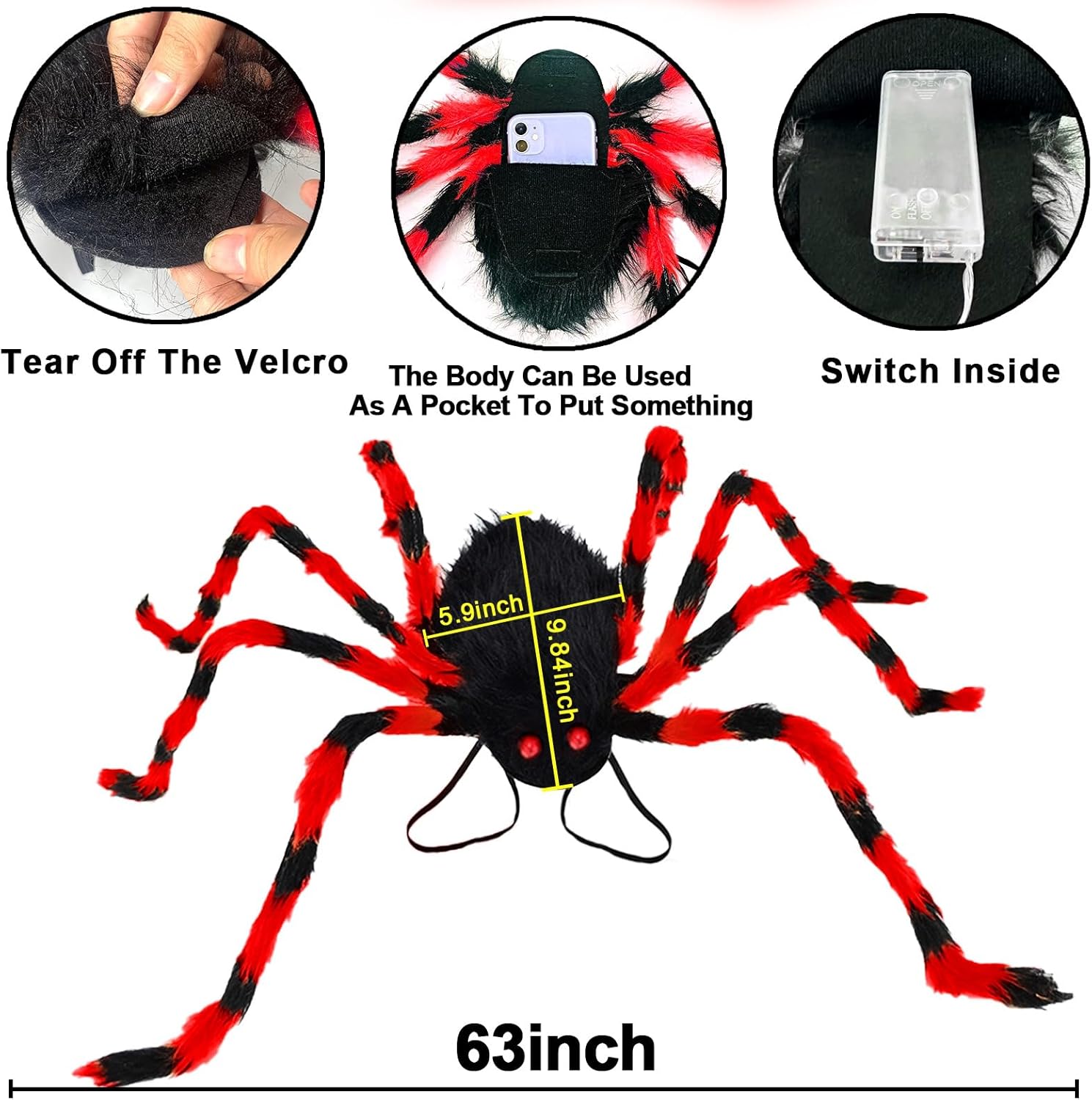 Camlinbo 80 LED Halloween Plush Spider Costume with Purple Lights for Adult Younger Halloween Accessories Decorations (63") - Image 3