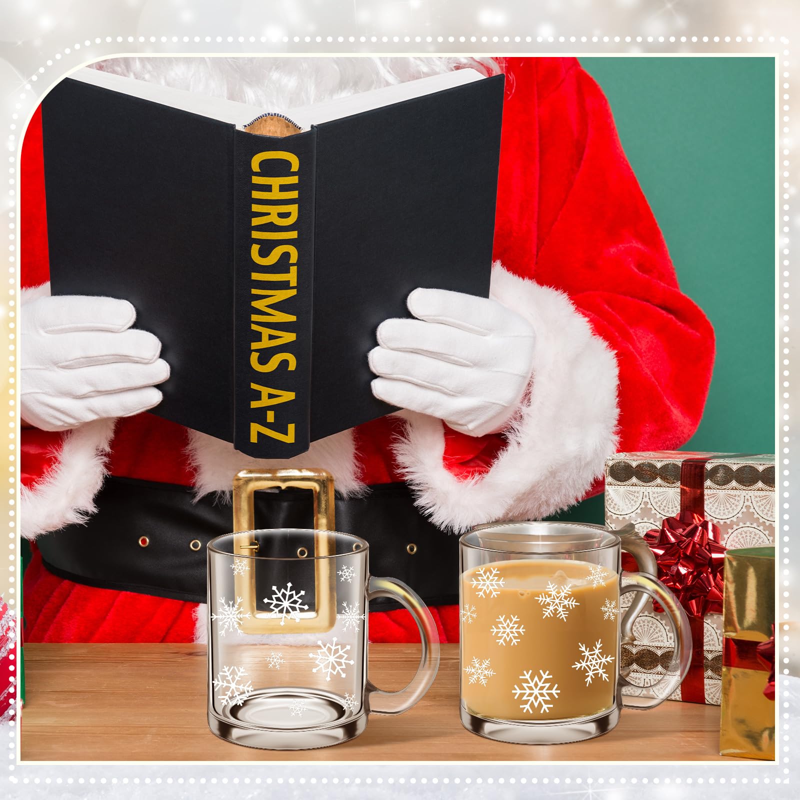 Tioncy 2 x Kaffeetassen mit Weihnachtsschneeflocke, Glas, mit Griff, 340 ml, Weihnachtsschneeflocke, Glasbecher, Winterurlaubstassen für Weihnachten, Zuhause, Büro, Geschenke