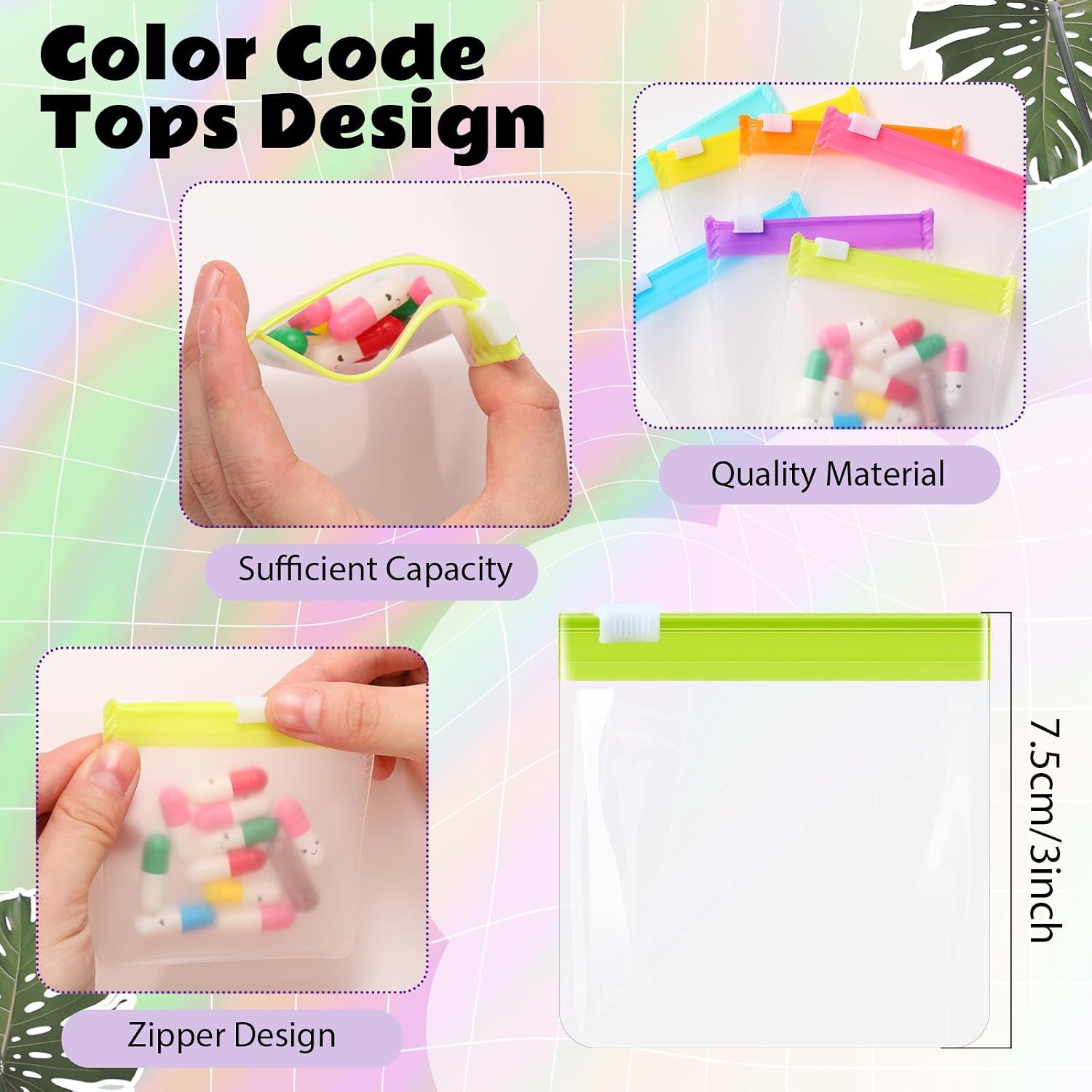 Sherr 35 Pcs Pill Pouch Bags with Zipper Pill Pouch Set Travel Reusable Translucent Medicine Organizer Self Sealing Plastic Bag with Slide Lock for Storage(Bright Colors,3 x 3 Inch,Blank Style)