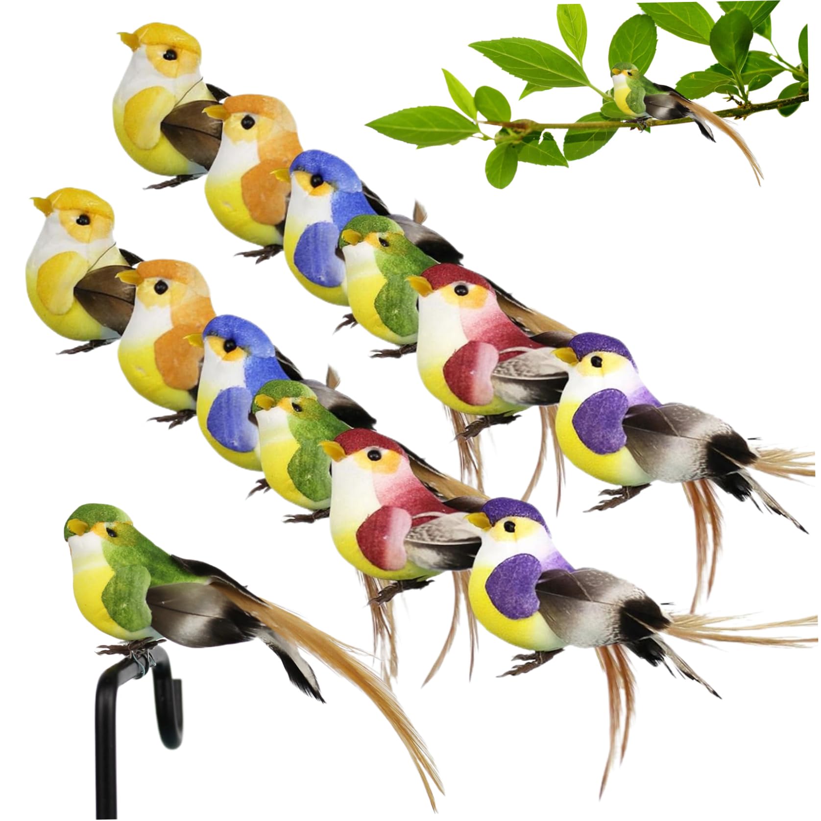 Tsawntd Birds 12Pcs Realistic Artificial Birds on Clip Colorful Decorative DIY Foam 5.1x1.4x1.8in Bird Decorations for Tree Branch Bonsai Decorative Artificial