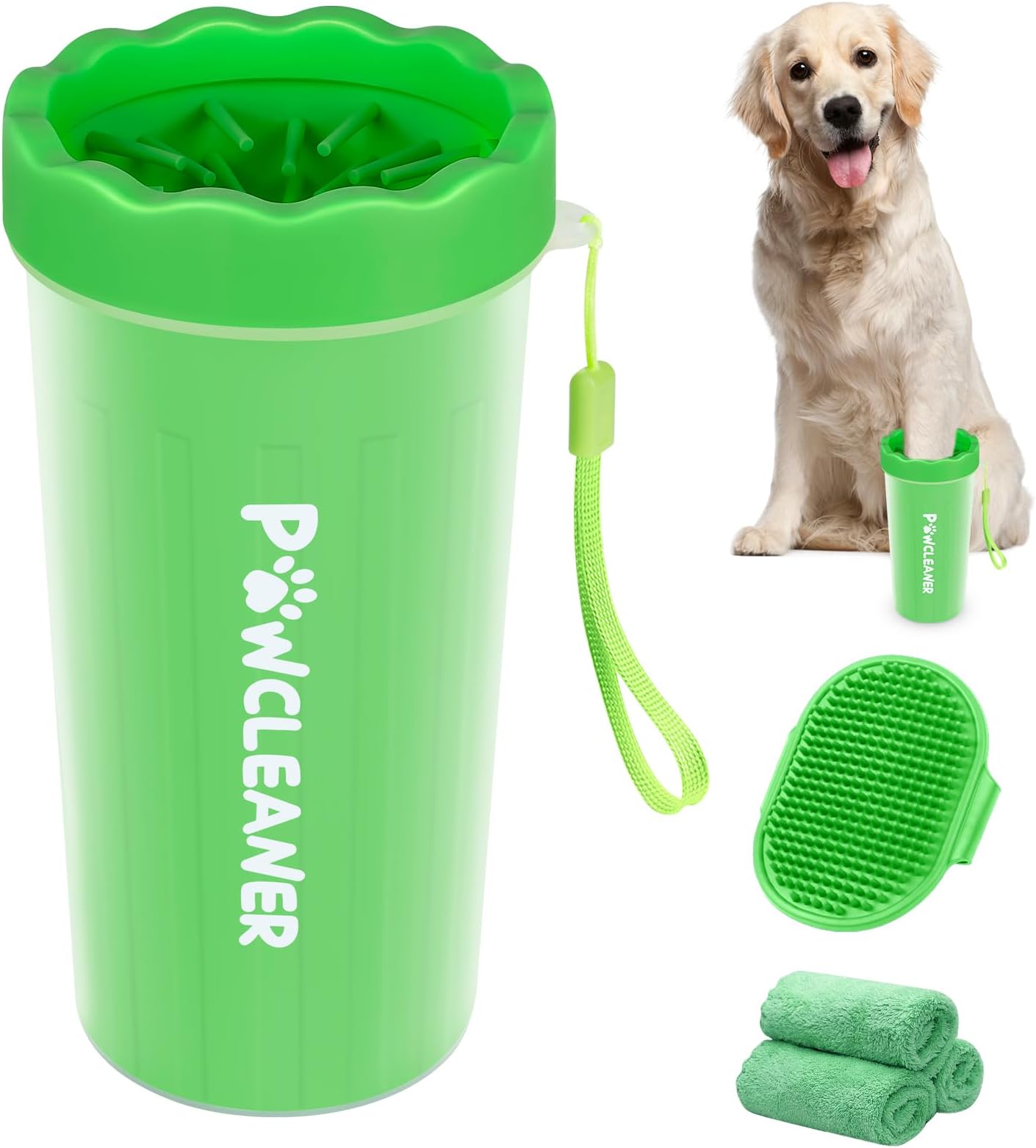 Comotech 犬用足跡クリーナー 大型犬用 (犬用バスブラシ&吸収性タオル3枚付き) 犬の足洗い 犬の足クリーナー 犬のグルーミングブラシ 調節可能なリングハンドル付き 長い短い髪の犬と猫用 (L、グリーン)