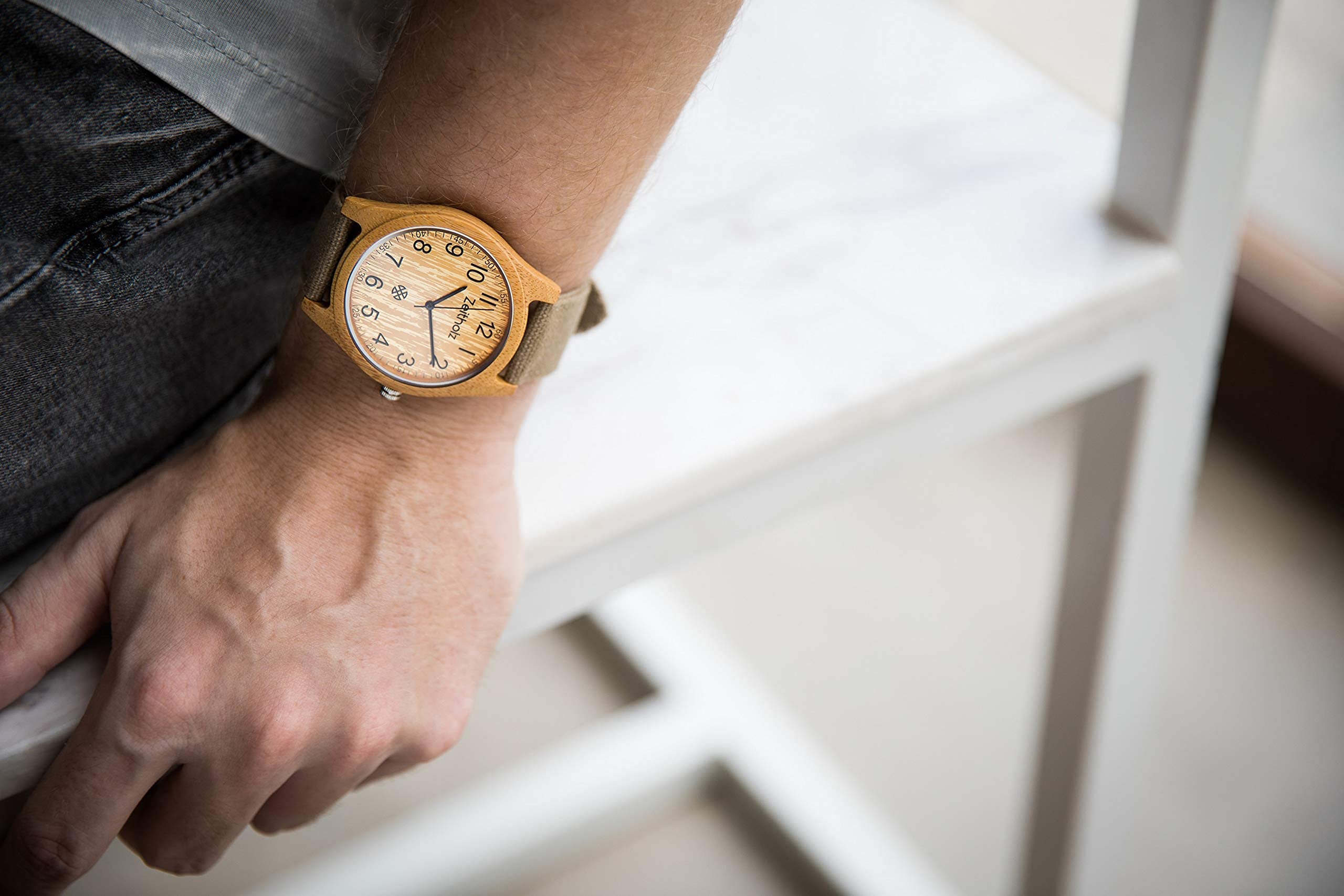 Altenberg - Orologio in bambù con quadrante marrone, prodotto naturale, ipoallergenico, fatto a mano, cinturino grigio di tela