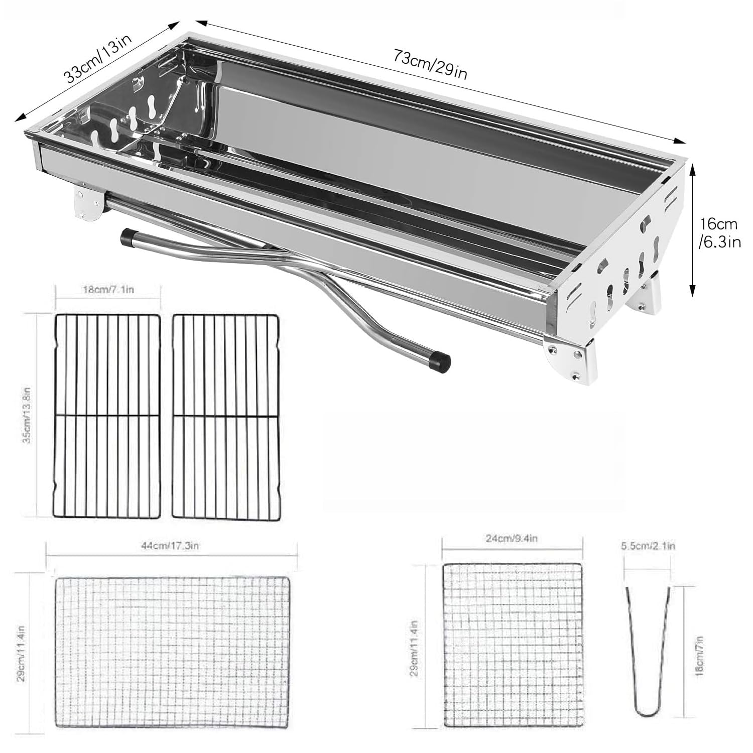 Oceano Barbecue a carbone in acciaio inox bracere richiudibile in metallo portatile bbq da esterno griglia per giardino pic-nic campeggio escursione gita (33x73x71cm + soffiatore + utensili)