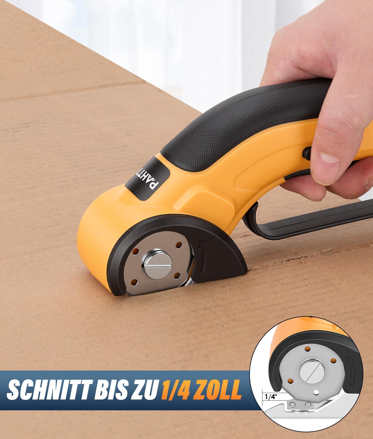 PAHTTO Kartonschneider elektrisch Schere mit Handgriff, Kabellose Rollschneider Akku-Universalschneider Rotationsschneider für Papier, Pappe, Teppich, Leder, Filz, Stoff